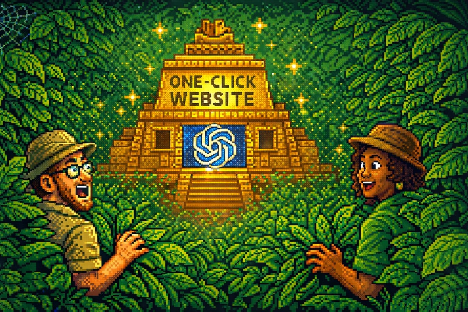 Pixel adventurers approaching a jungle temple labeled one-click website